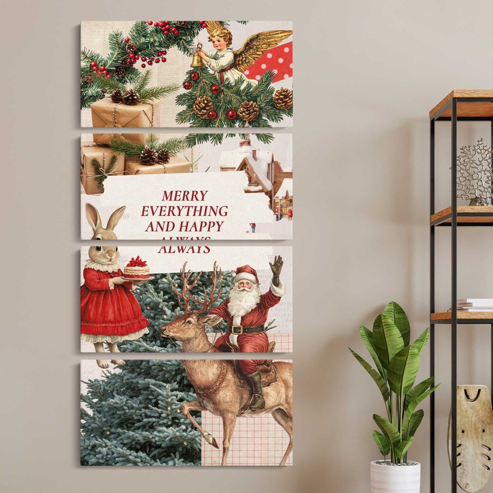 Vintage Christmas Wishes Collage three panel canvas wall art room mockup