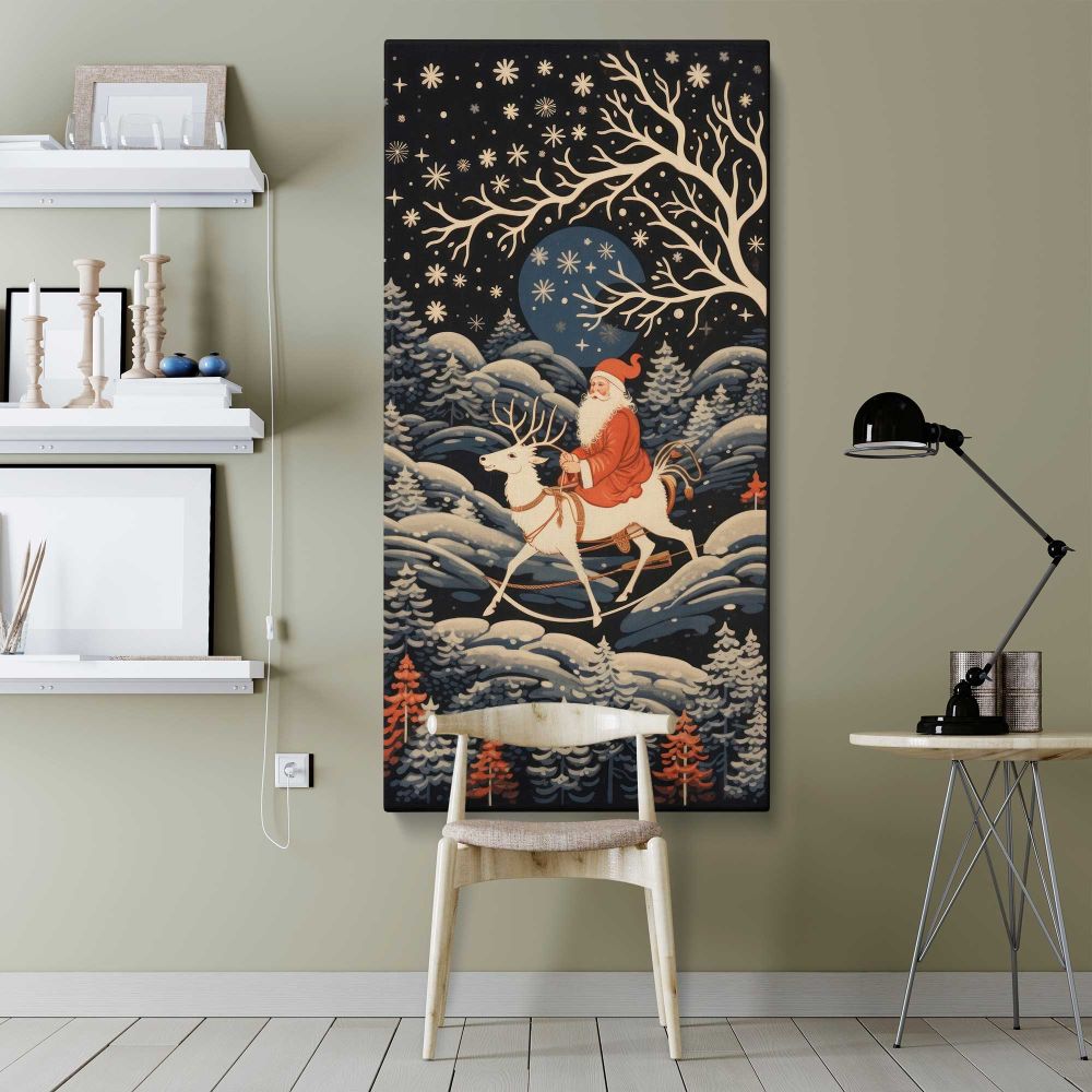 Santa Riding a Reindeer Through a Winter Forest canvas wall art shown in a modern interior