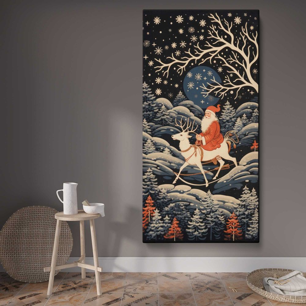 Santa Riding a Reindeer Through a Winter Forest canvas wall art displayed in a contemporary room