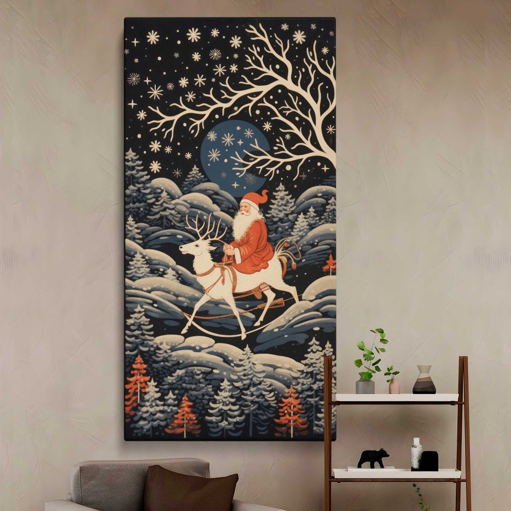 Santa Riding a Reindeer Through a Winter Forest canvas wall art in a styled interior