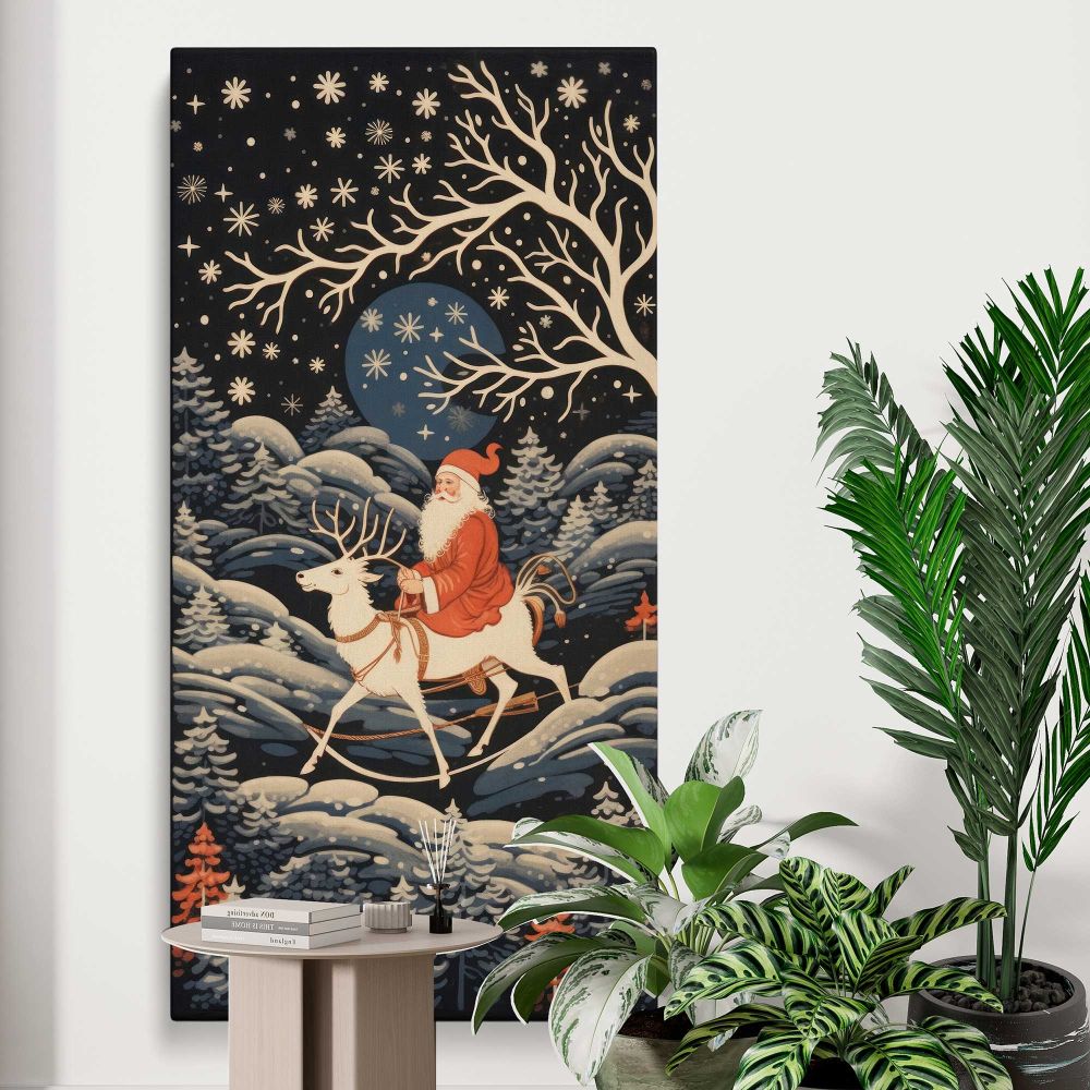 Santa Riding a Reindeer Through a Winter Forest canvas print displayed in a modern interior
