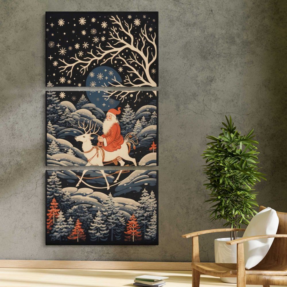 Santa Riding a Reindeer Through a Winter Forest three panel canvas print in a contemporary interior