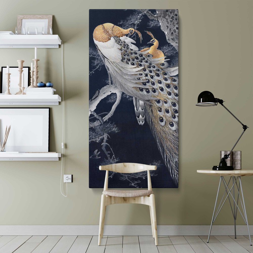 Two peacocks in a tree vintage design remix from original painting by Ohara Koson canvas wall art shown in a modern interior