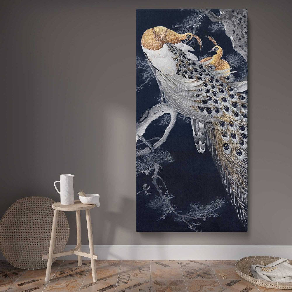 Two peacocks in a tree vintage design remix from original painting by Ohara Koson canvas wall art displayed in a contemporary room