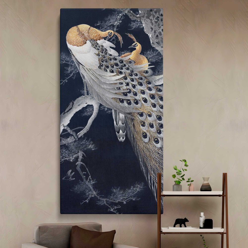 Two peacocks in a tree vintage design remix from original painting by Ohara Koson canvas wall art in a styled interior