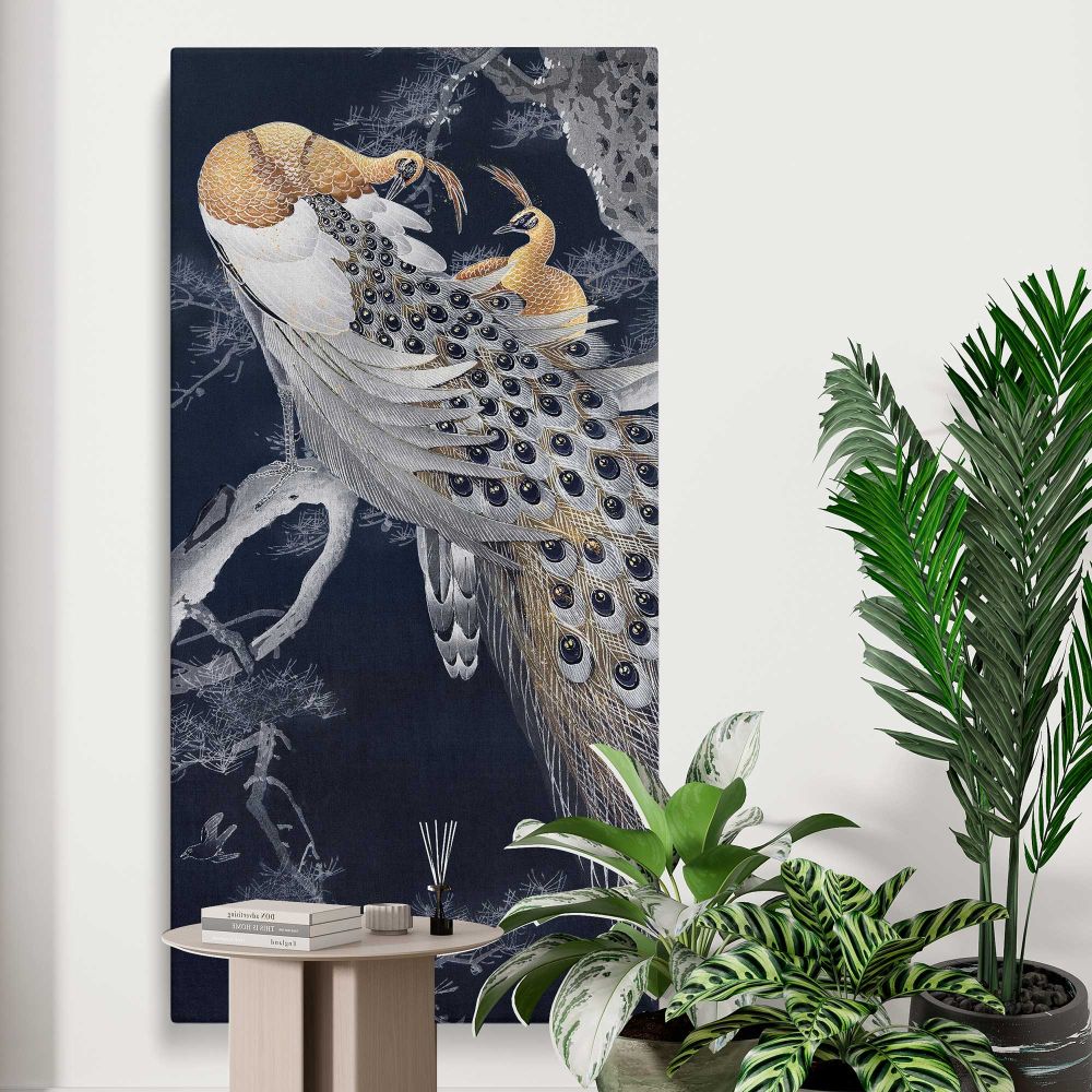 Two peacocks in a tree vintage design remix from original painting by Ohara Koson canvas print displayed in a modern interior