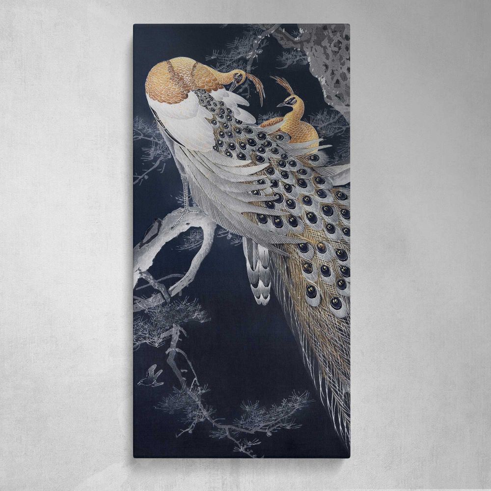 Two peacocks in a tree vintage design remix from original painting by Ohara Koson Canvas Wall Art Print