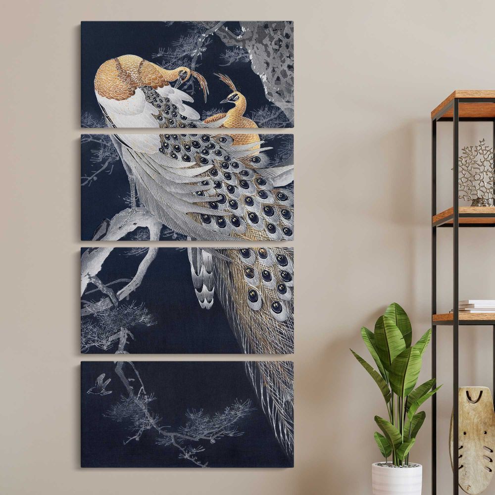 Two peacocks in a tree vintage design remix from original painting by Ohara Koson three panel canvas wall art room mockup