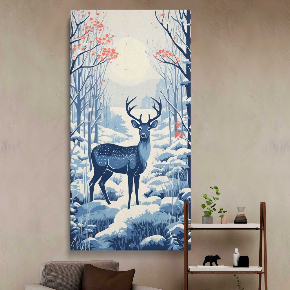 Blue Deer in a Snowy Forest canvas wall art in a styled interior