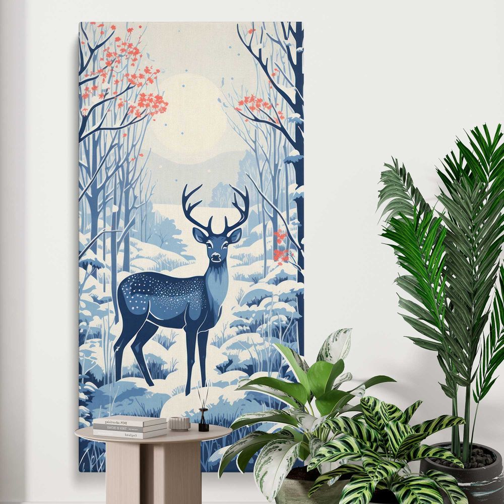 Blue Deer in a Snowy Forest canvas print displayed in a modern interior