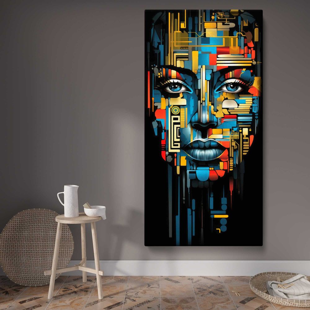 Colourful African Woman Abstract Portrait canvas wall art displayed in a contemporary room