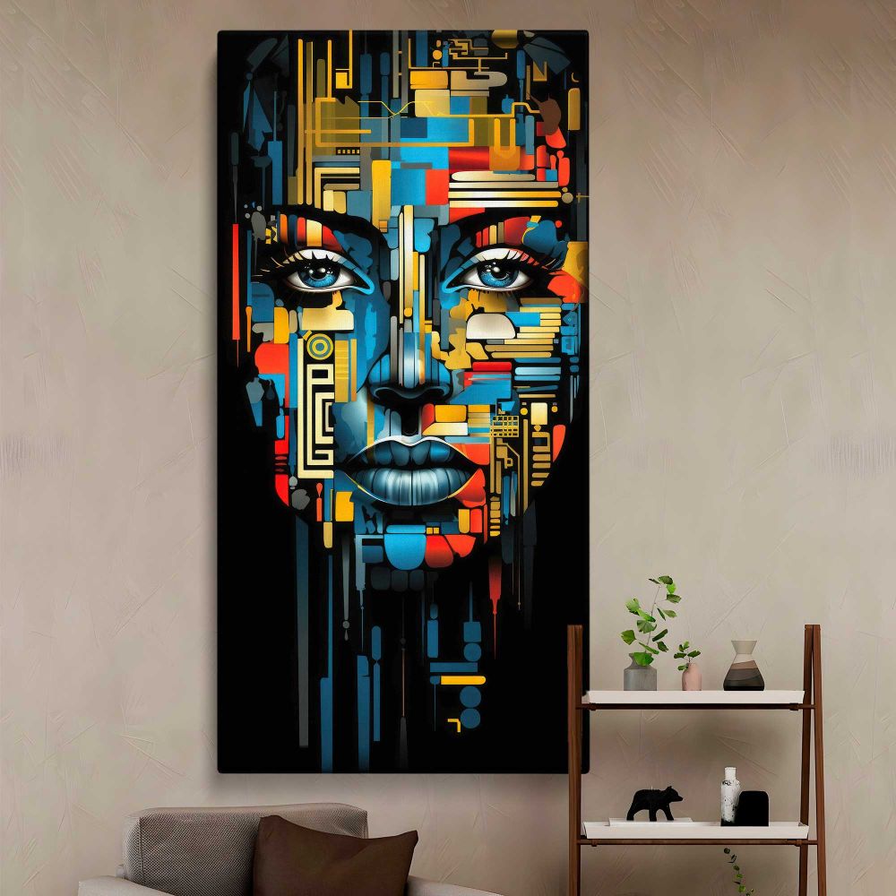 Colourful African Woman Abstract Portrait canvas wall art in a styled interior