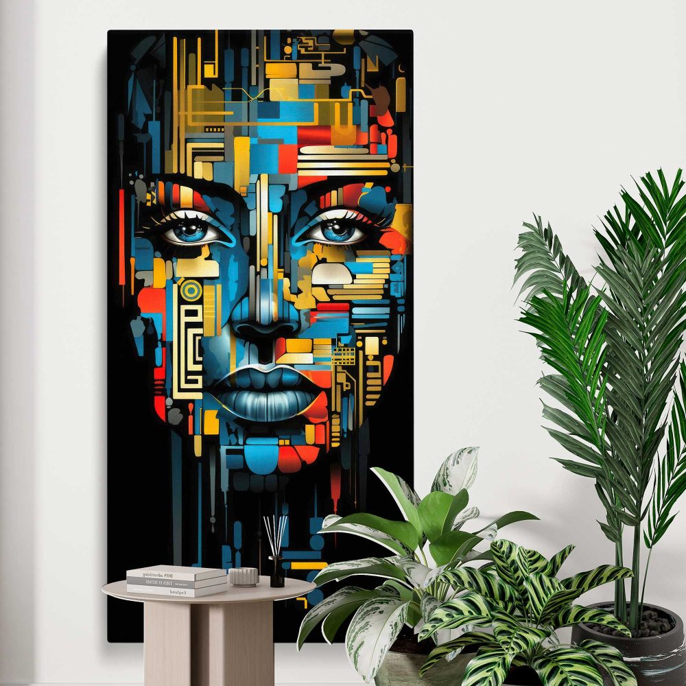 Colourful African Woman Abstract Portrait canvas print displayed in a modern interior