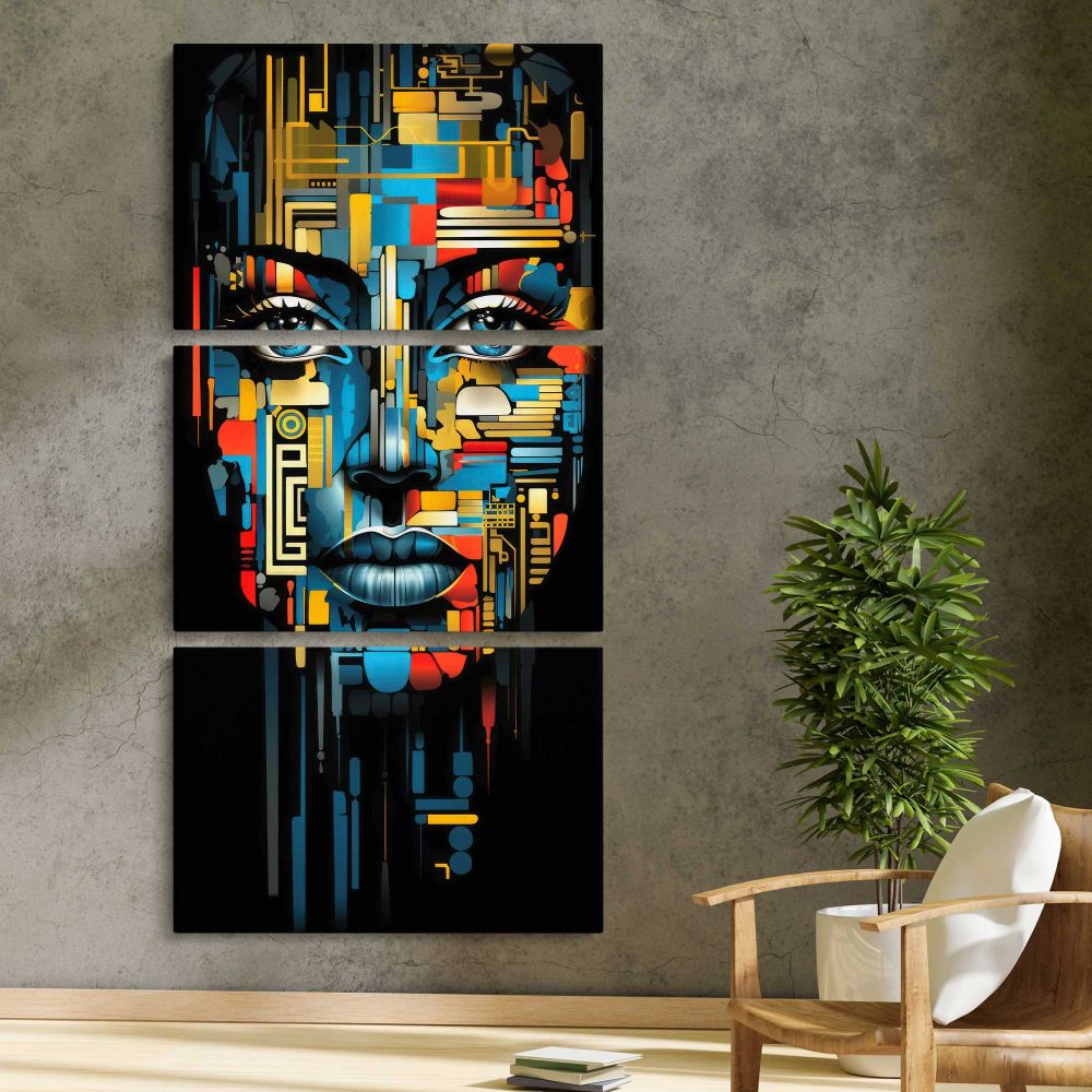 Colourful African Woman Abstract Portrait three panel canvas print in a contemporary interior