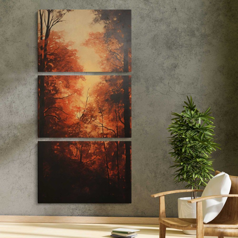 Autumn Forest Light three panel canvas print in a contemporary interior