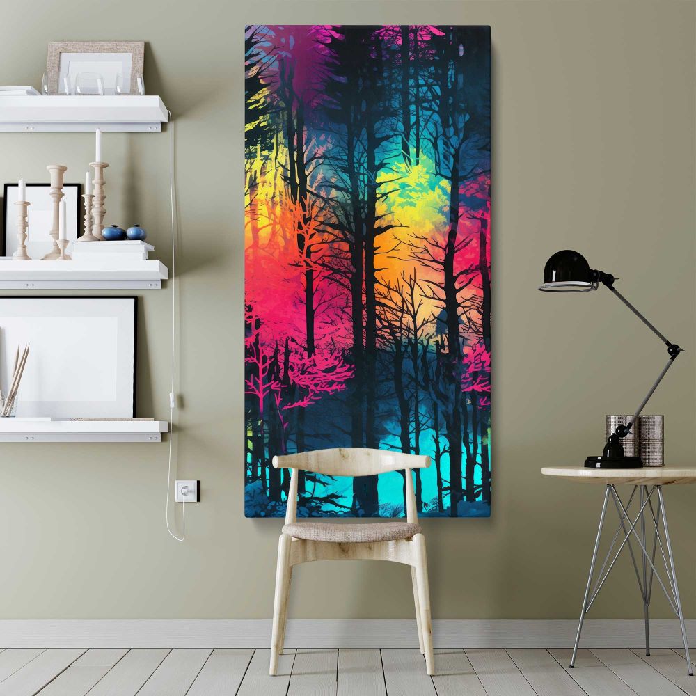Neon Rainbow Forest canvas wall art shown in a modern interior