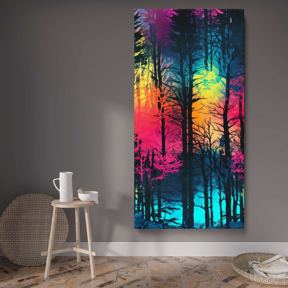 Neon Rainbow Forest canvas wall art displayed in a contemporary room