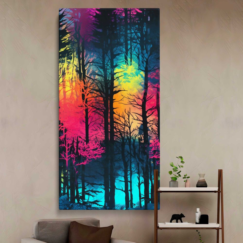 Neon Rainbow Forest canvas wall art in a styled interior
