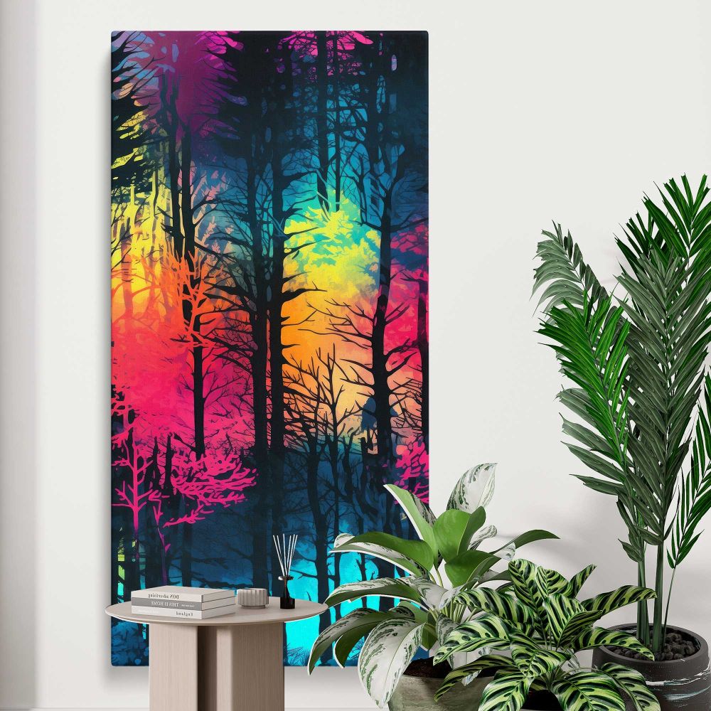 Neon Rainbow Forest canvas print displayed in a modern interior