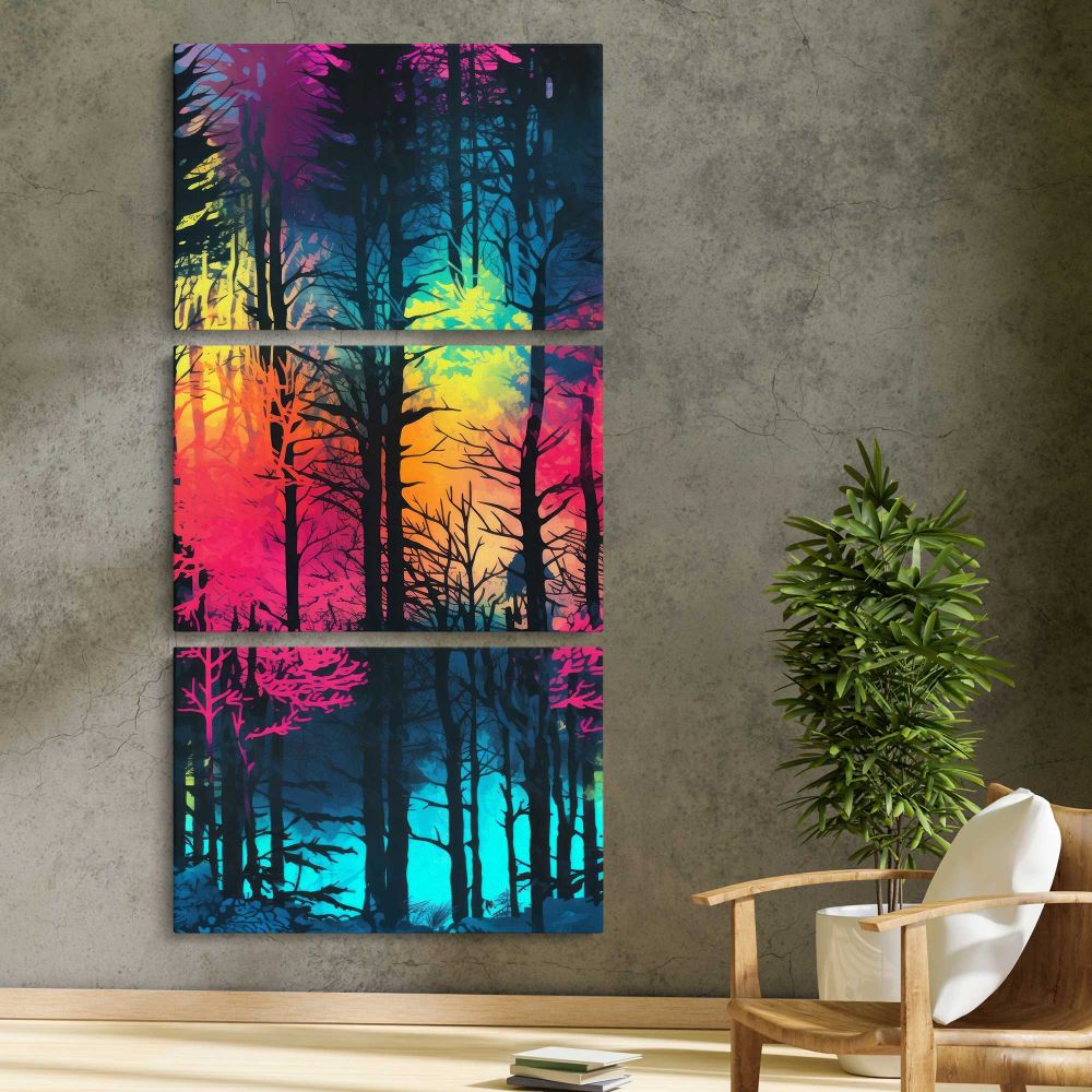 Neon Rainbow Forest three panel canvas print in a contemporary interior