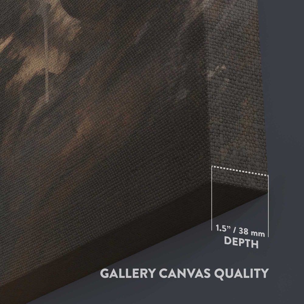 Black Horse in Storm Clouds close up showing gallery canvas texture and depth