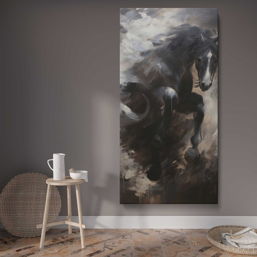 Black Horse in Storm Clouds canvas wall art displayed in a contemporary room