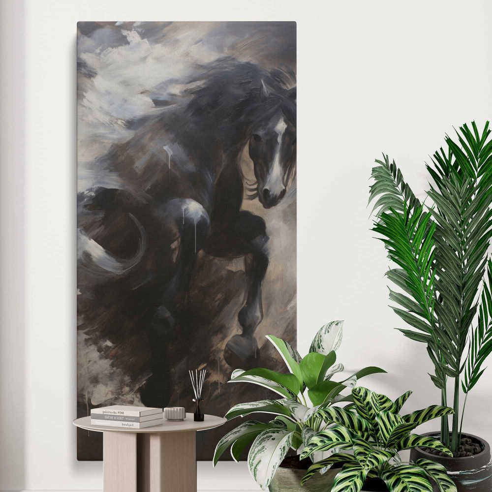 Black Horse in Storm Clouds canvas print displayed in a modern interior