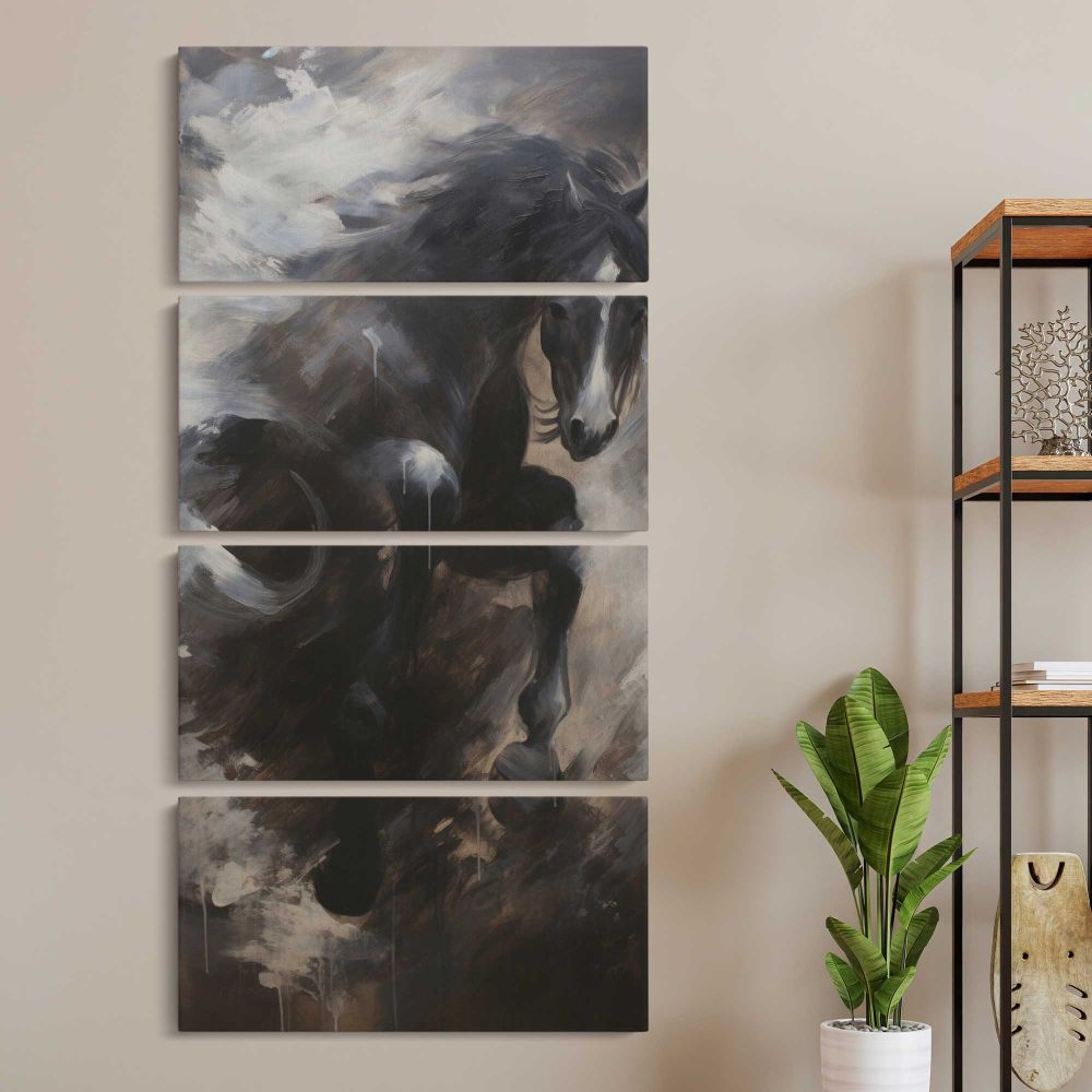 Black Horse in Storm Clouds three panel canvas wall art room mockup