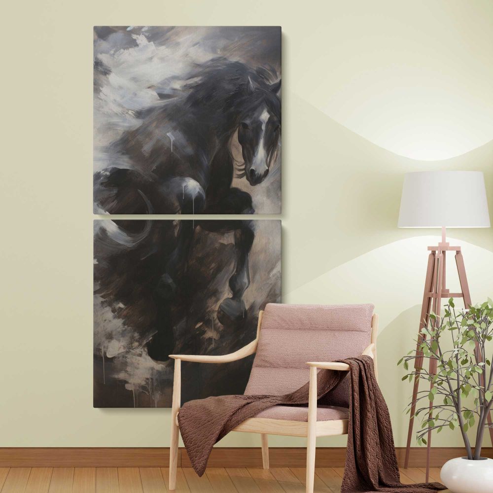 Black Horse in Storm Clouds two panel canvas wall art room mockup