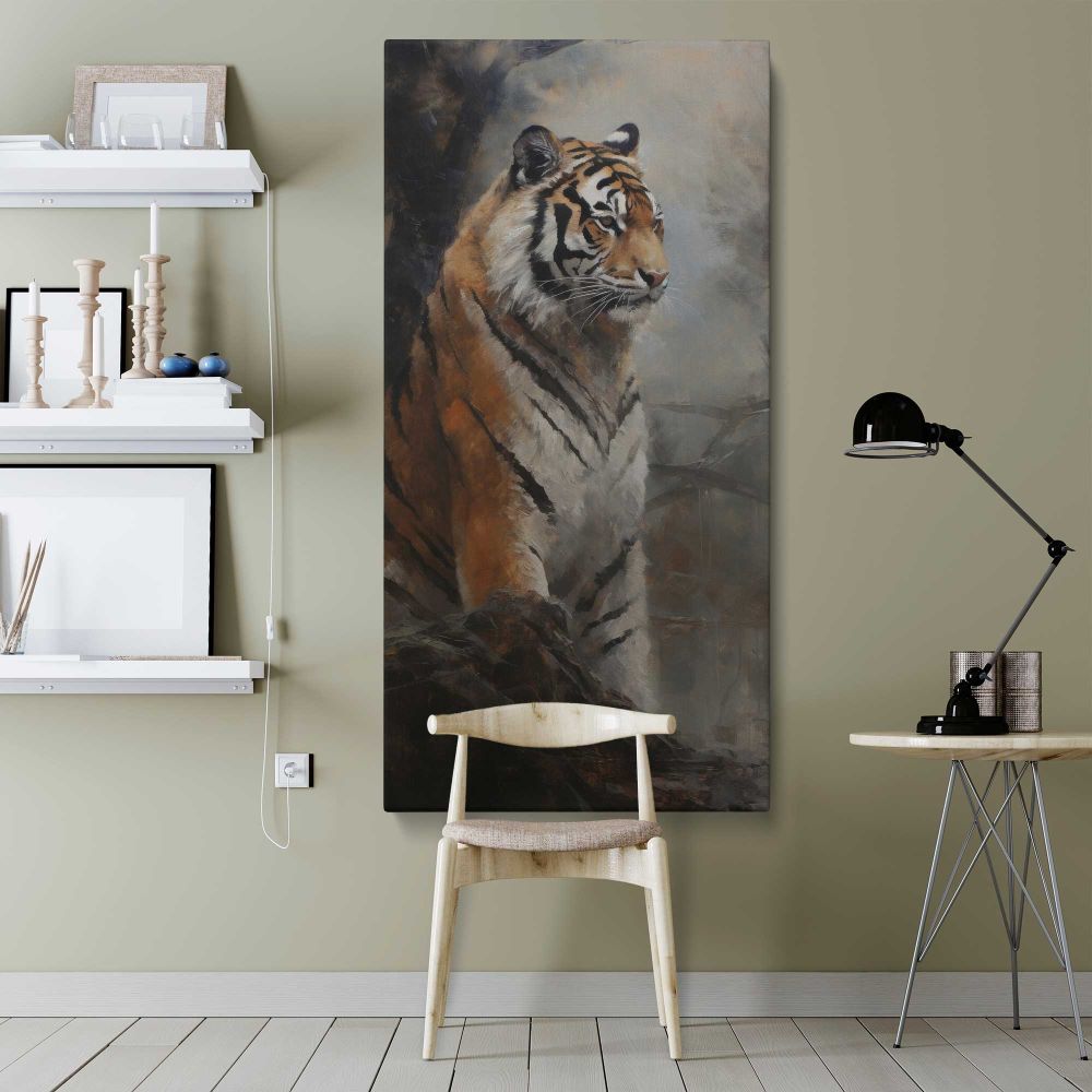 Tiger in a Misty Forest canvas wall art shown in a modern interior