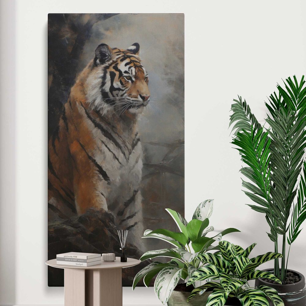 Tiger in a Misty Forest canvas print displayed in a modern interior