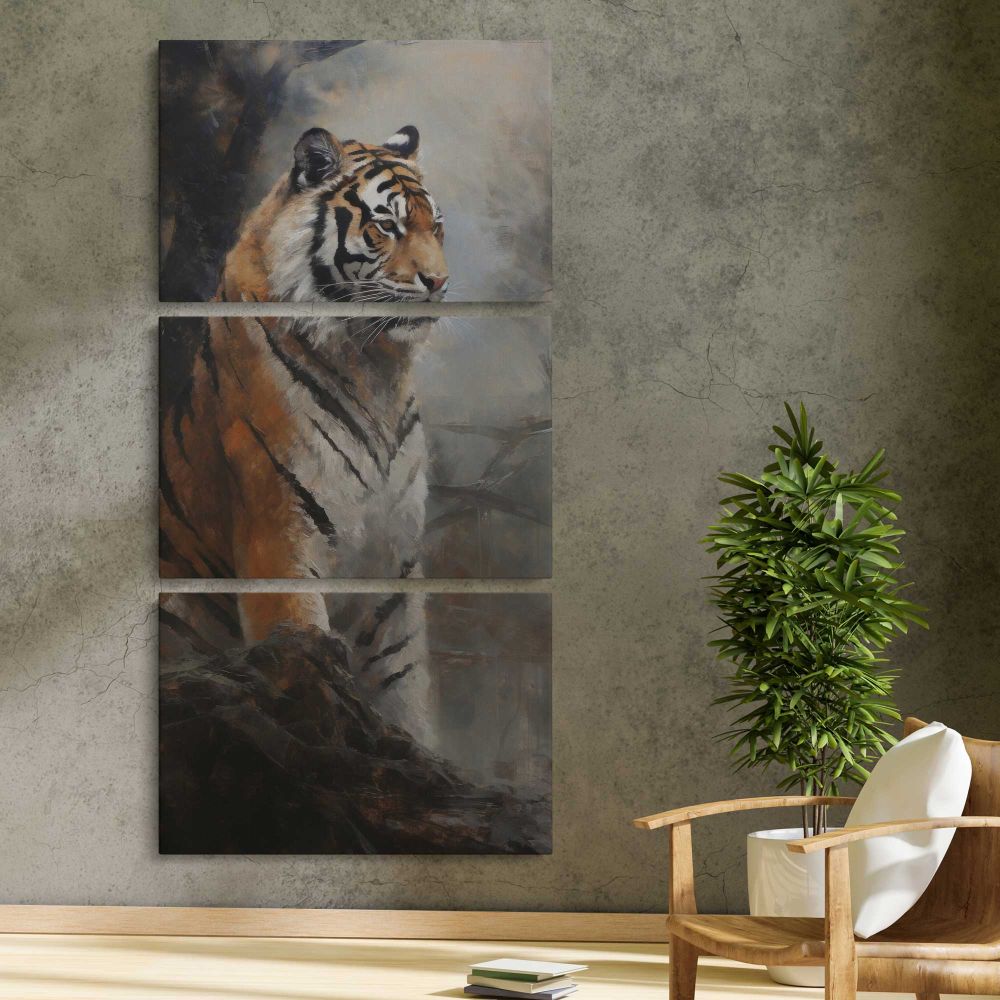 Tiger in a Misty Forest three panel canvas print in a contemporary interior