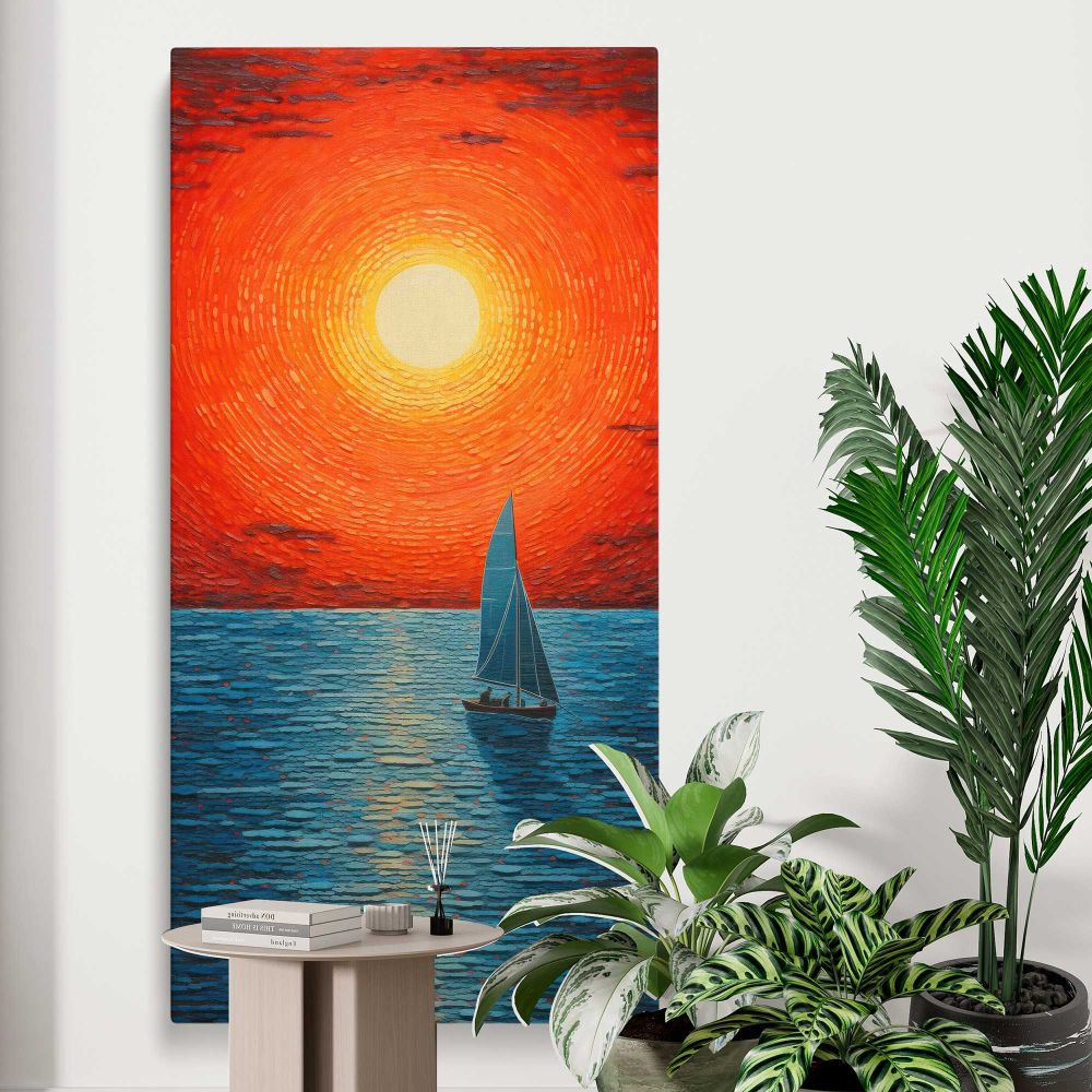 Sailboat at an Orange Sunset canvas print displayed in a modern interior