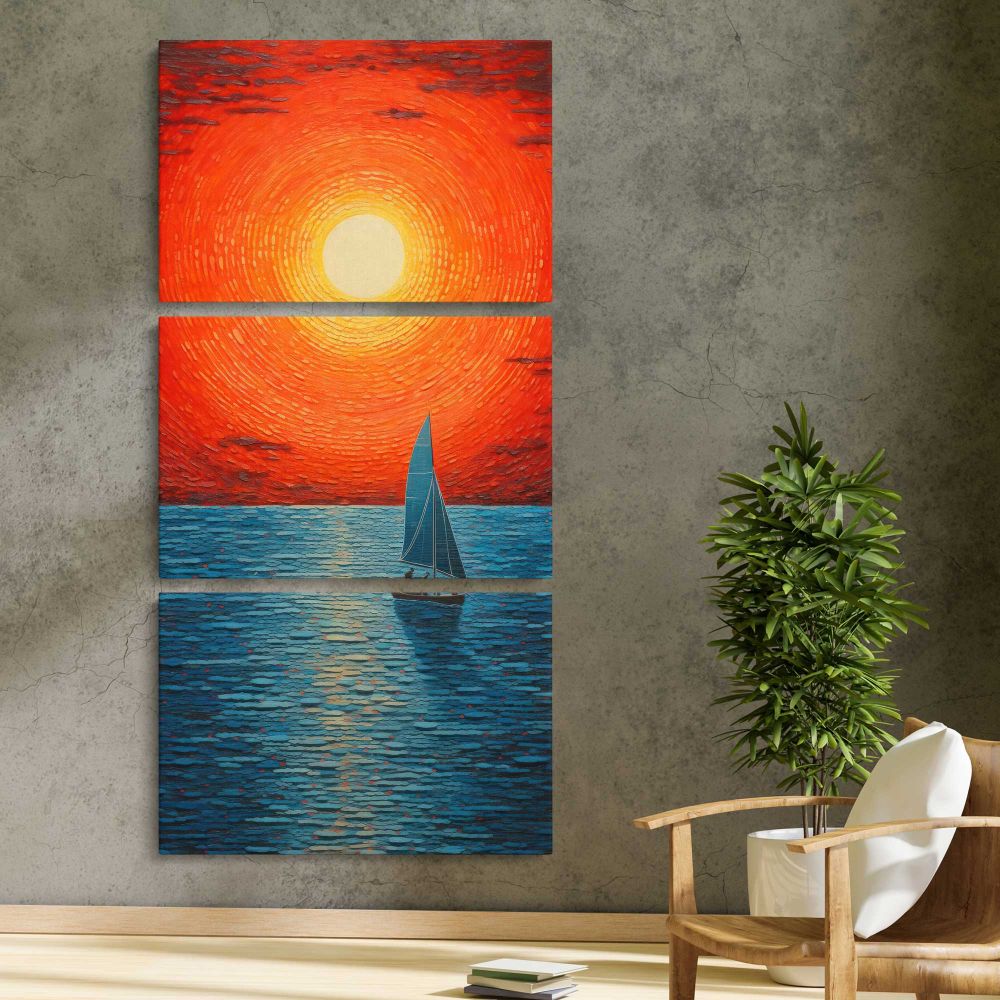 Sailboat at an Orange Sunset three panel canvas print in a contemporary interior