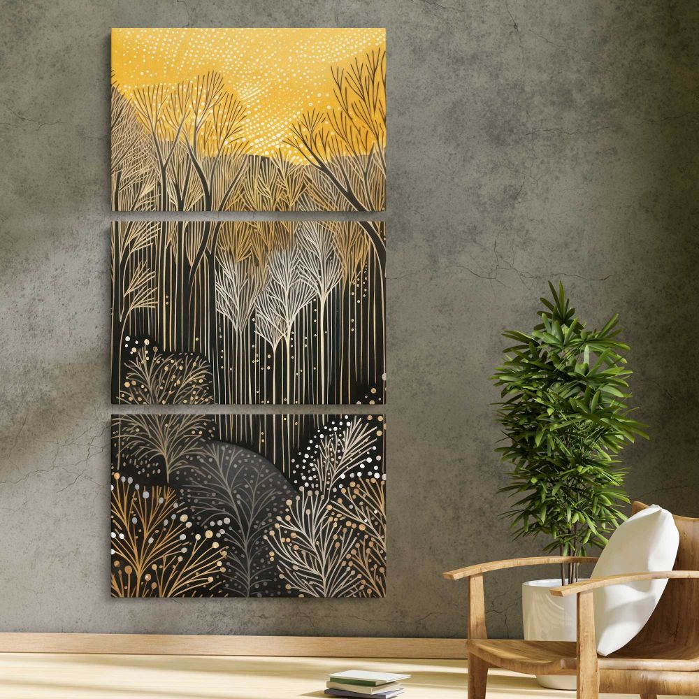 Gold and Silver Forest Pattern three panel canvas print in a contemporary interior