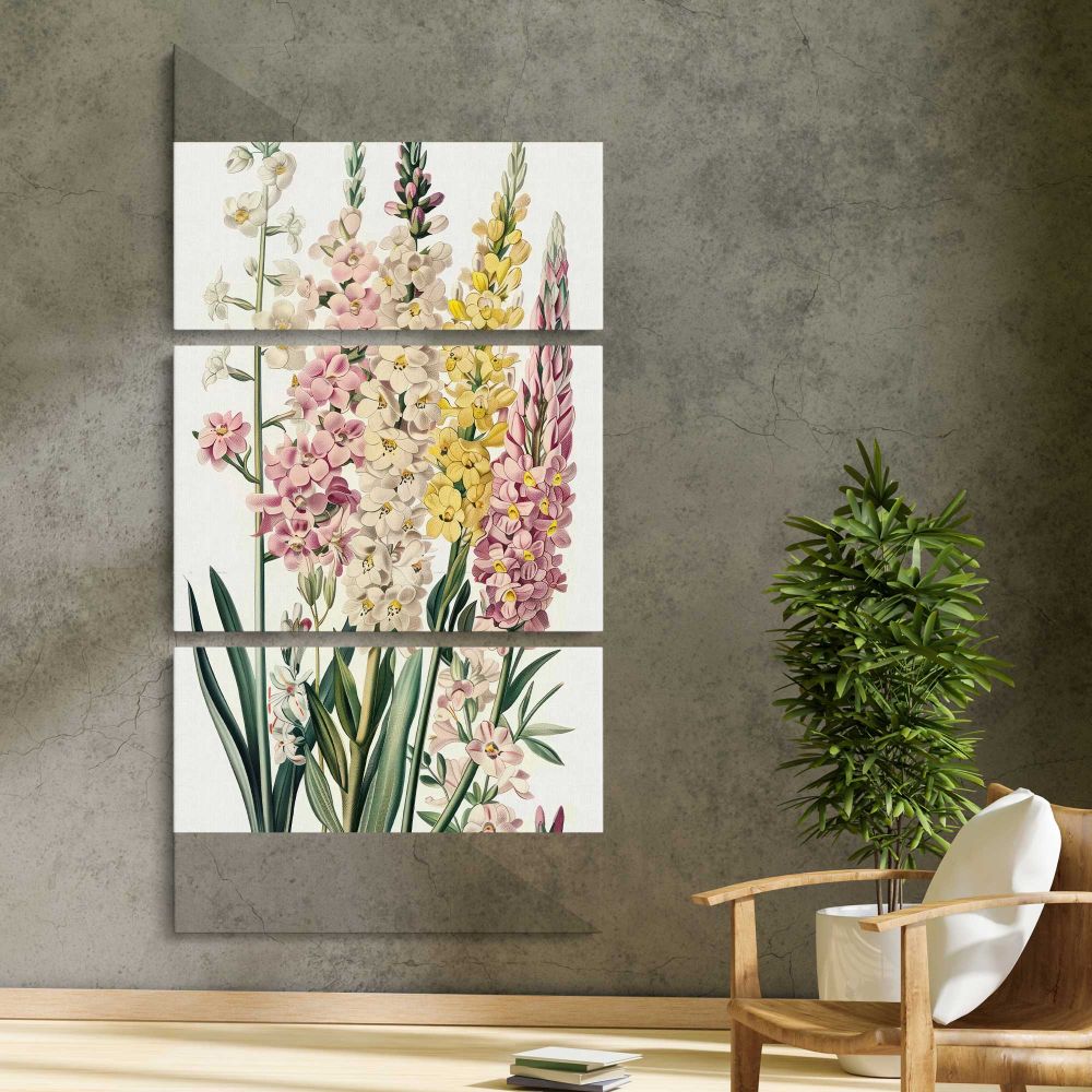 Vintage Botanical Flower Collage three panel canvas print in a contemporary interior