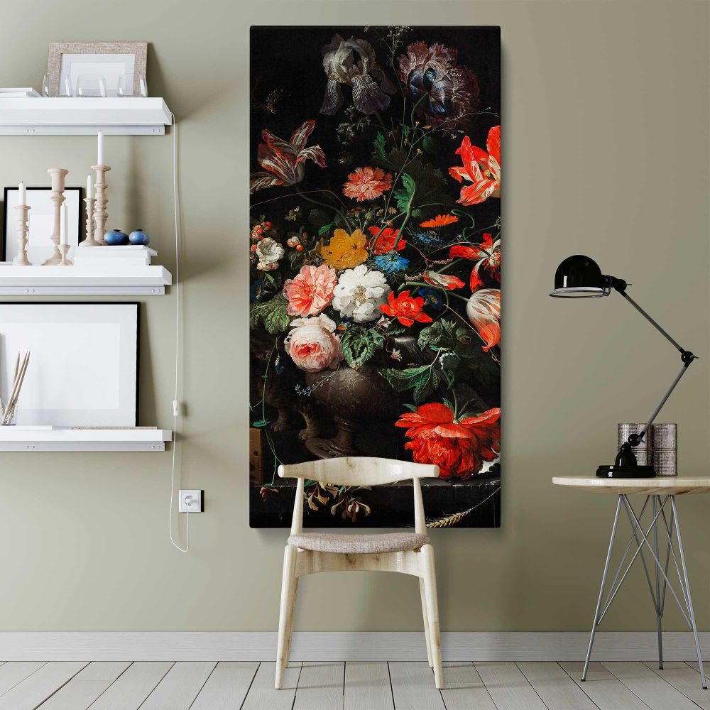 Vintage Red and White Floral Still Life canvas wall art shown in a modern interior
