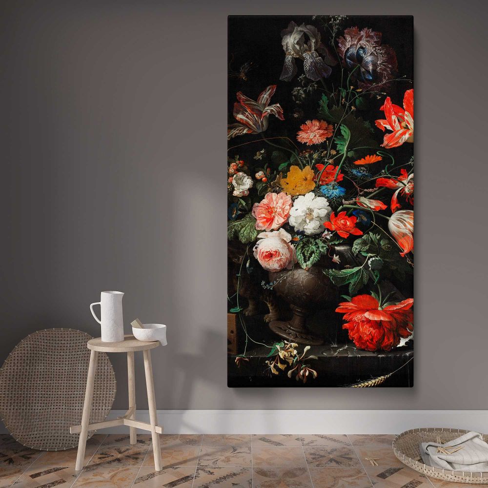 Vintage Red and White Floral Still Life canvas wall art displayed in a contemporary room