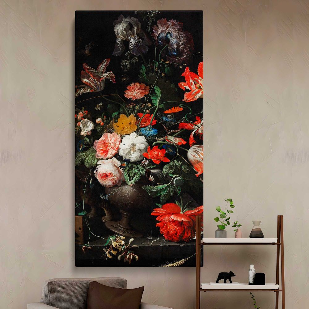 Vintage Red and White Floral Still Life canvas wall art in a styled interior