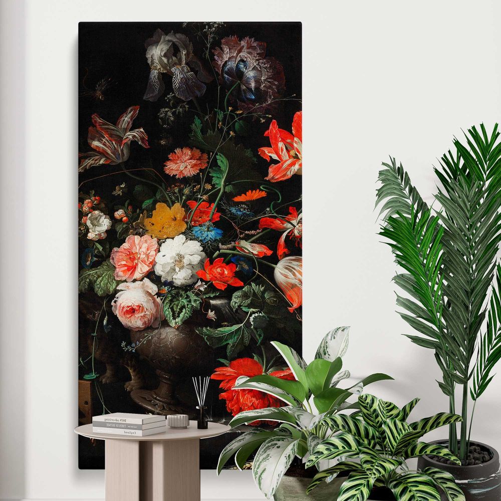 Vintage Red and White Floral Still Life canvas print displayed in a modern interior