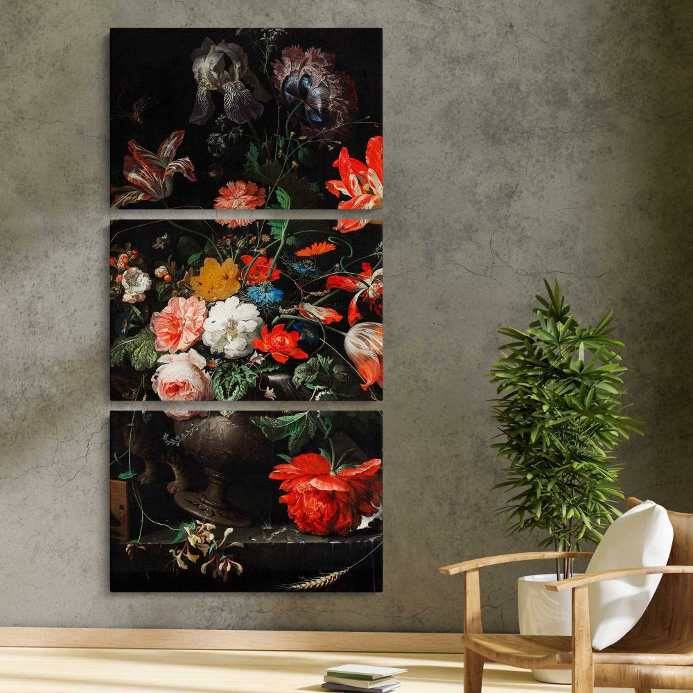 Vintage Red and White Floral Still Life three panel canvas print in a contemporary interior