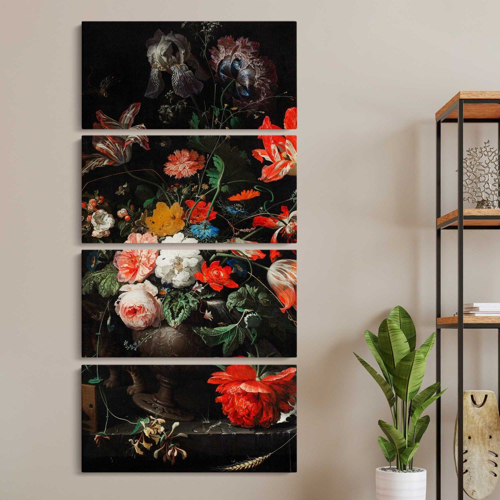 Vintage Red and White Floral Still Life three panel canvas wall art room mockup
