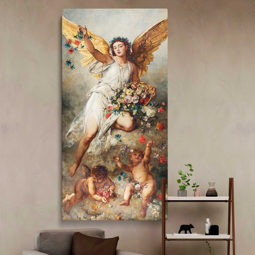 Eirene 1888 vintage angel illustration by Ludwig Knaus canvas wall art in a styled interior
