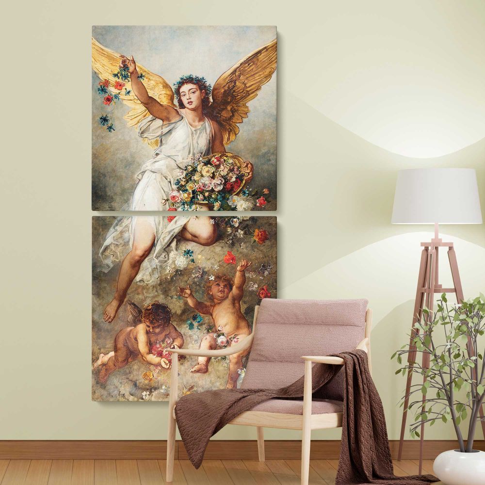 Eirene 1888 vintage angel illustration by Ludwig Knaus two panel canvas wall art room mockup