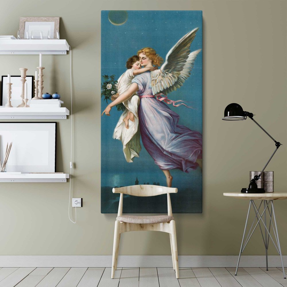 The Angel of Peace 1901 vintage angel illustration by B T Babbitt canvas wall art shown in a modern interior