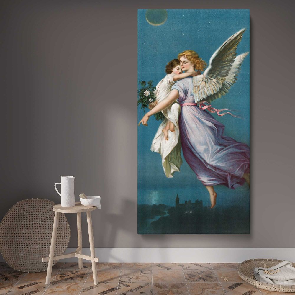 The Angel of Peace 1901 vintage angel illustration by B T Babbitt canvas wall art displayed in a contemporary room