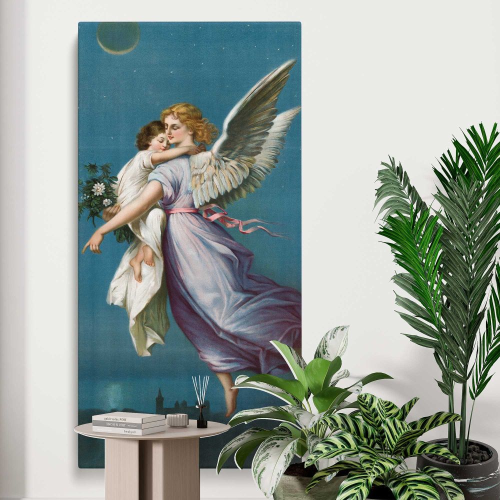 The Angel of Peace 1901 vintage angel illustration by B T Babbitt canvas print displayed in a modern interior