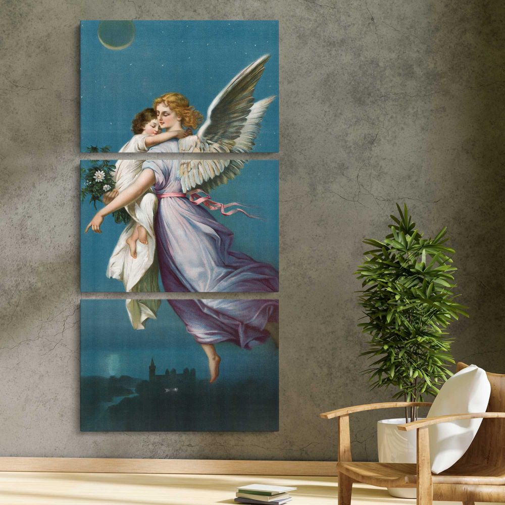 The Angel of Peace 1901 vintage angel illustration by B T Babbitt three panel canvas print in a contemporary interior