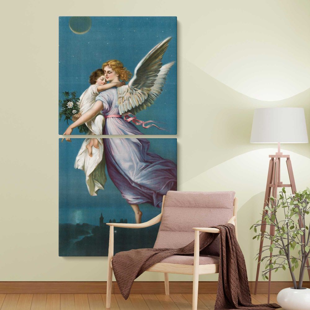 The Angel of Peace 1901 vintage angel illustration by B T Babbitt two panel canvas wall art room mockup
