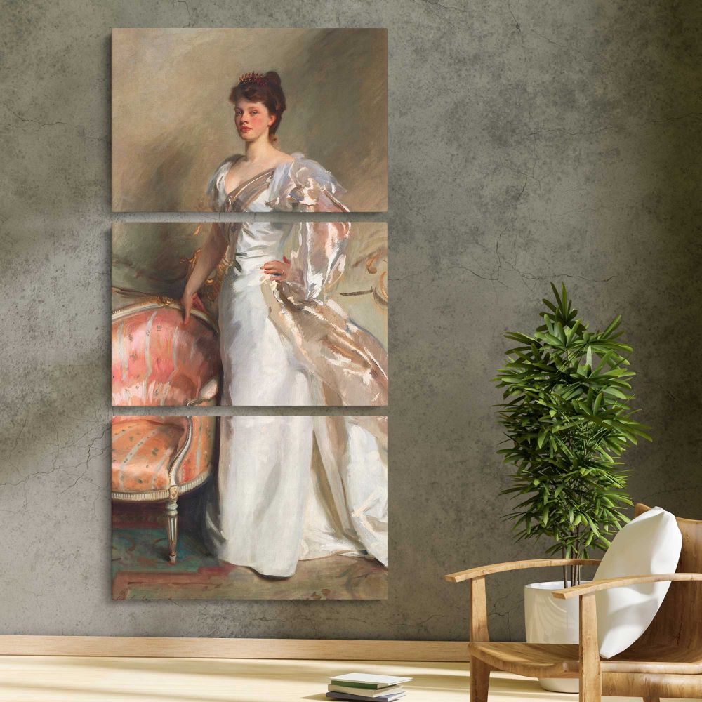 Mrs George Swinton Elizabeth Ebsworth 1897 by John Singer Sargent three panel canvas print in a contemporary interior